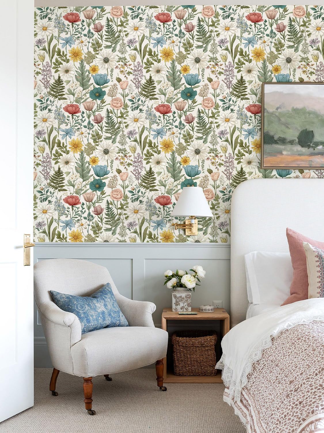 Orainege Pink Floral Peel and Stick Wallpaper Removable Self Adhesive Wallpaper 16.9inx118.1in Modern Wall Paper for Bedroom Bathroom Green Leaf Contact Paper for Cabinets
