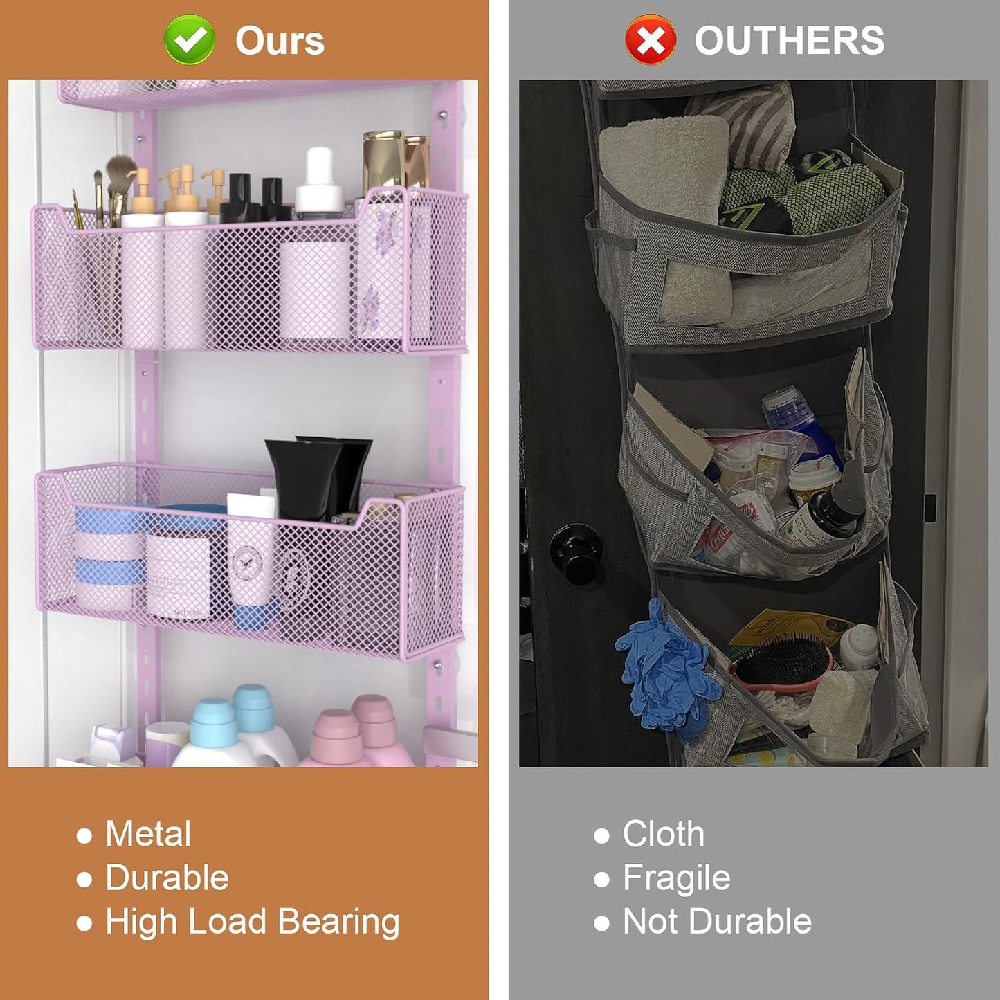VyGrow Over The Door Organizer, Metal Door Organizer Hanging with 5 Adjustable Baskets and Coat Hook, Behind The Door Storage for Bedroom Closet Bathroom Pantry Cabinet Kitchen, Black