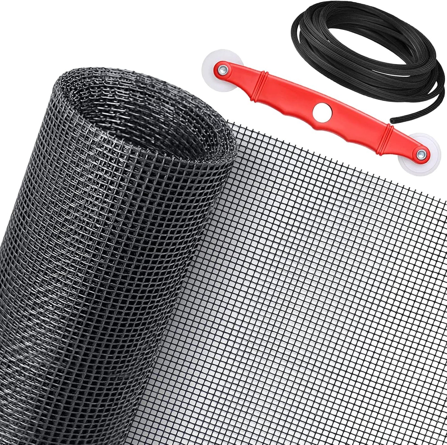 Window Screen Replacement Kit, 48'' x 99'' Fiberglass Screen Mesh with Rolling Tool and Screen Retainer Spline, DIY Adjustable Screen Door Mesh for Window, Door and Patio, Black