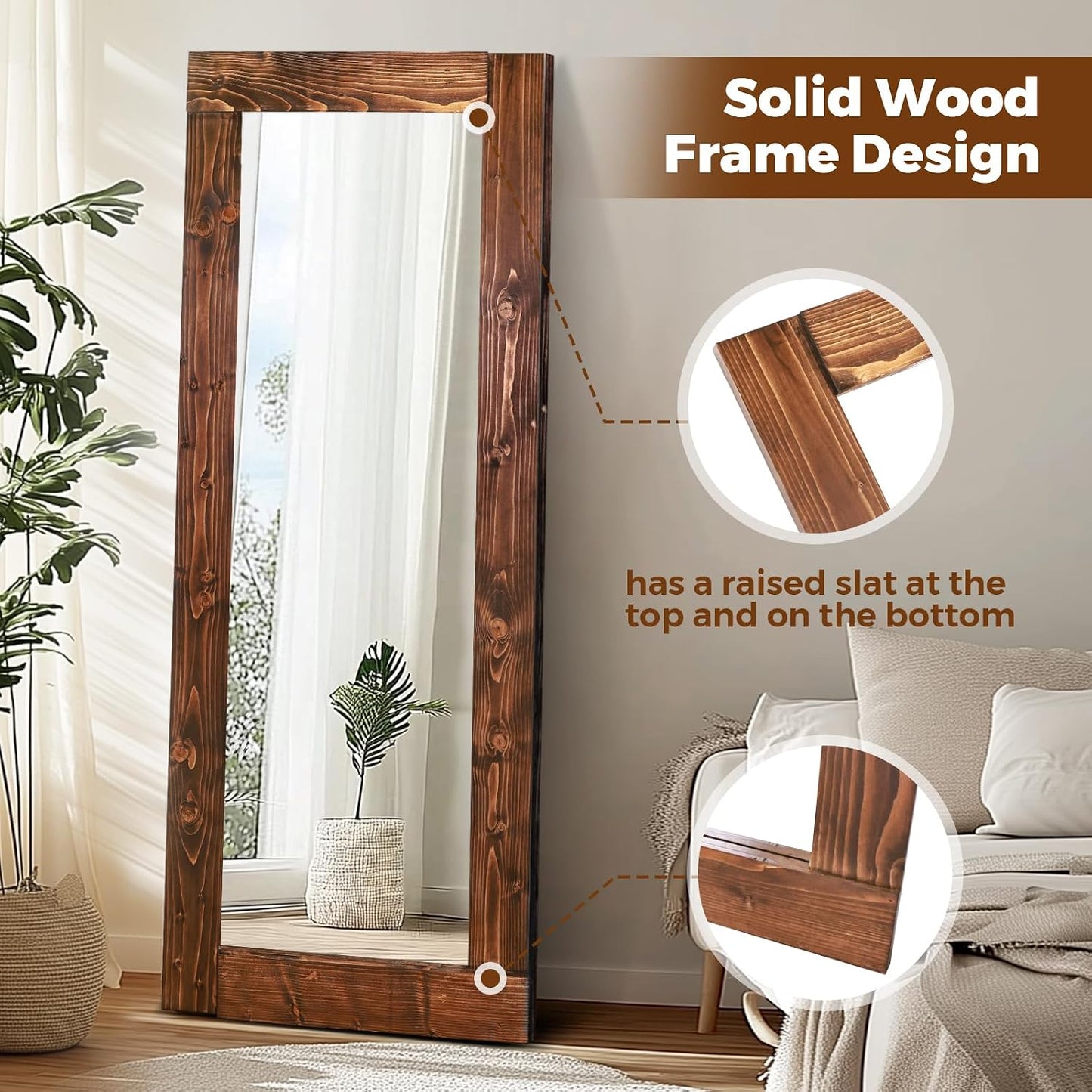 Solid Wood Full Length Mirror - 65"x22" Arched Floor Mirror, Free Standing & Wall Mounted - Elegant Design for Bedroom, Dressing Room, Hallway, Brown