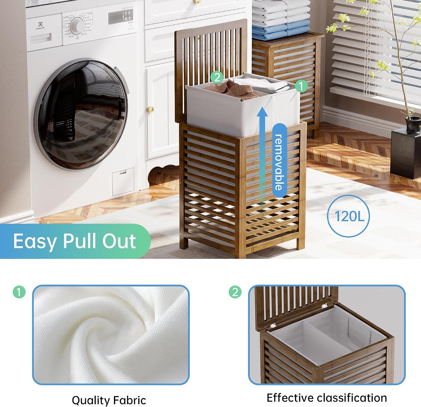 SMIBUY Double Laundry Hamper with Lid, 120L Bamboo Laundry Basket with Removable Liner Bag, 2-Section Clothes Divider Laundry Sorter for Laundry Room, Bathroom, Bedroom (Walnut)