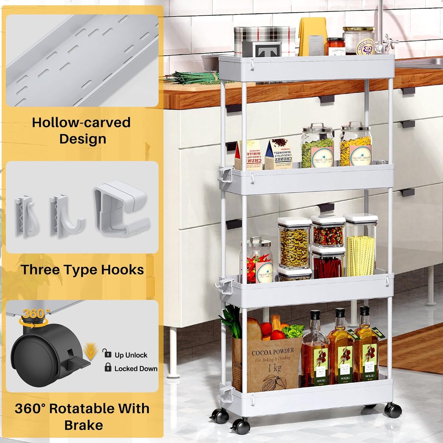 SPACEKEEPER Slim Rolling Storage Cart 4 Tier Bathroom Organizer Cart Mobile Shelving Unit Slide Out Utility Cart for Kitchen, Bthroom, Makeup, Craft, Laundry Narrow Places, Black
