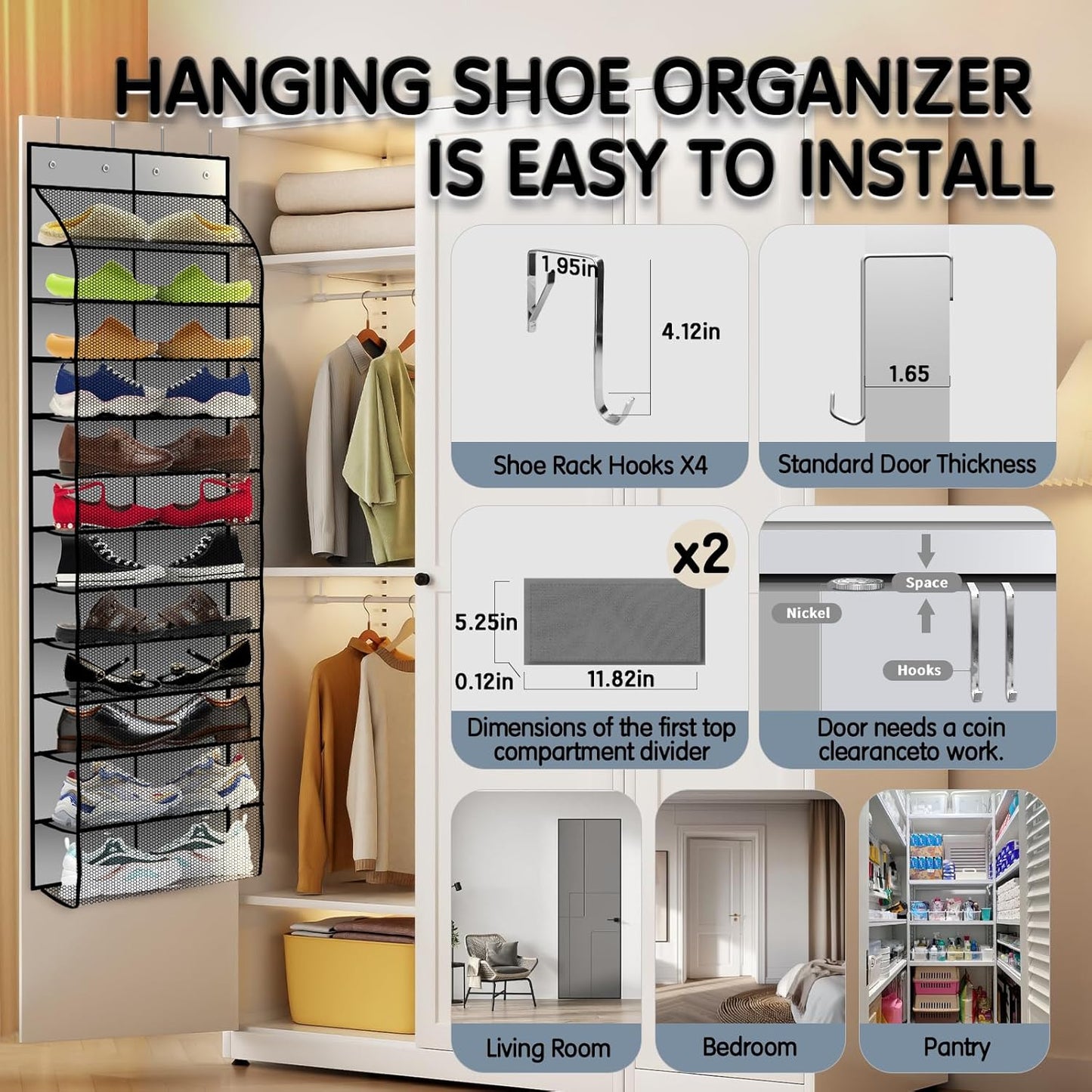 Kotkn Over The Door Shoe Organizer with 12 Large Breathable Pockets - Durable Hanging Storage for the Entire Family's Shoes (White)