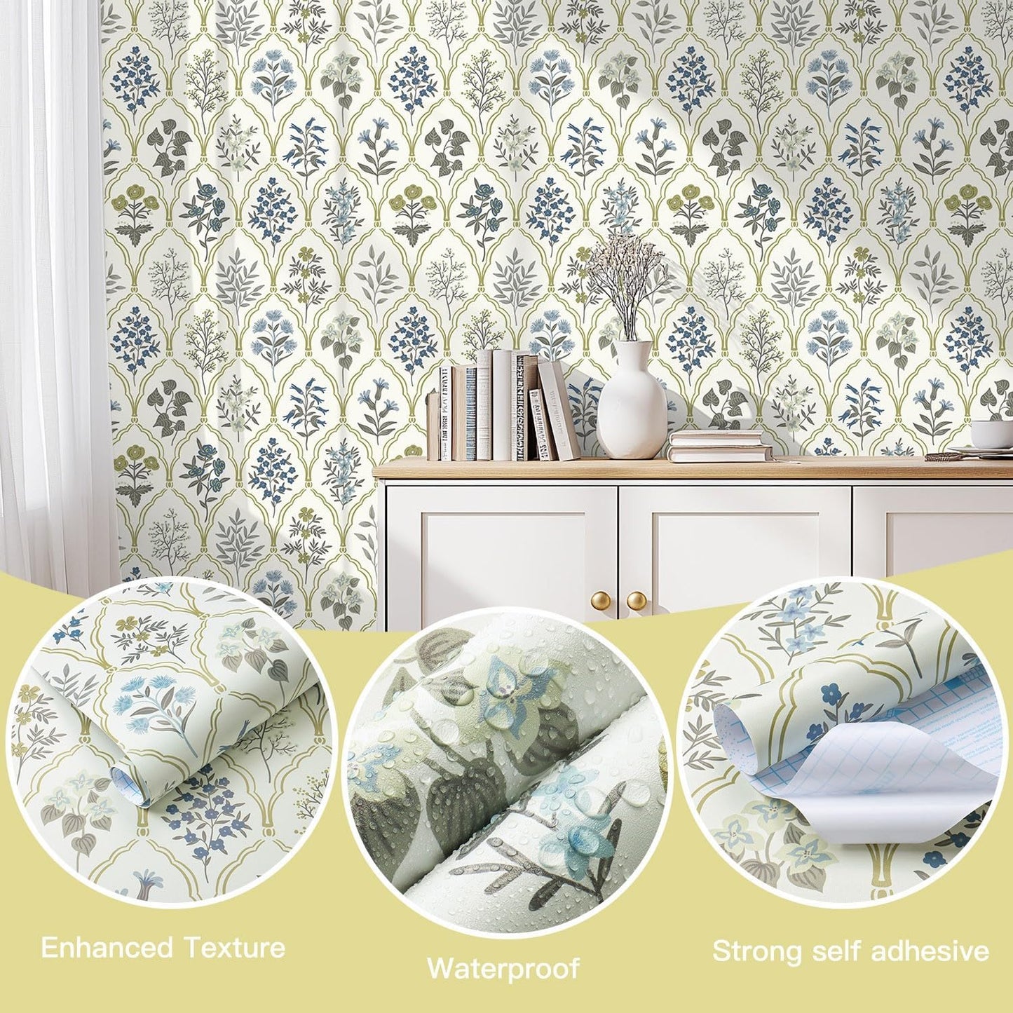 Dimoon 17.3''x78.7'' Vintage Peel and Stick Wallpaper Boho Beige Neutral Contact Paper White Floral Bird Wallpaper Removable Botanical Renter Friendly Modern Wall Paper Bedroom Bathroom Vinyl Roll