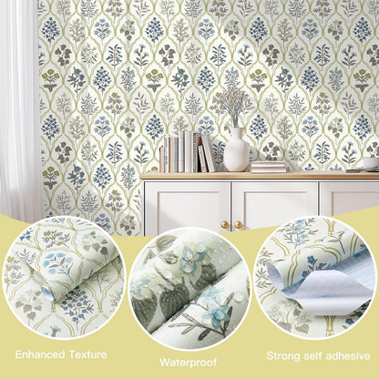 Dimoon 17.3''x78.7'' Vintage Peel and Stick Wallpaper Boho Beige Neutral Contact Paper White Floral Bird Wallpaper Removable Botanical Renter Friendly Modern Wall Paper Bedroom Bathroom Vinyl Roll