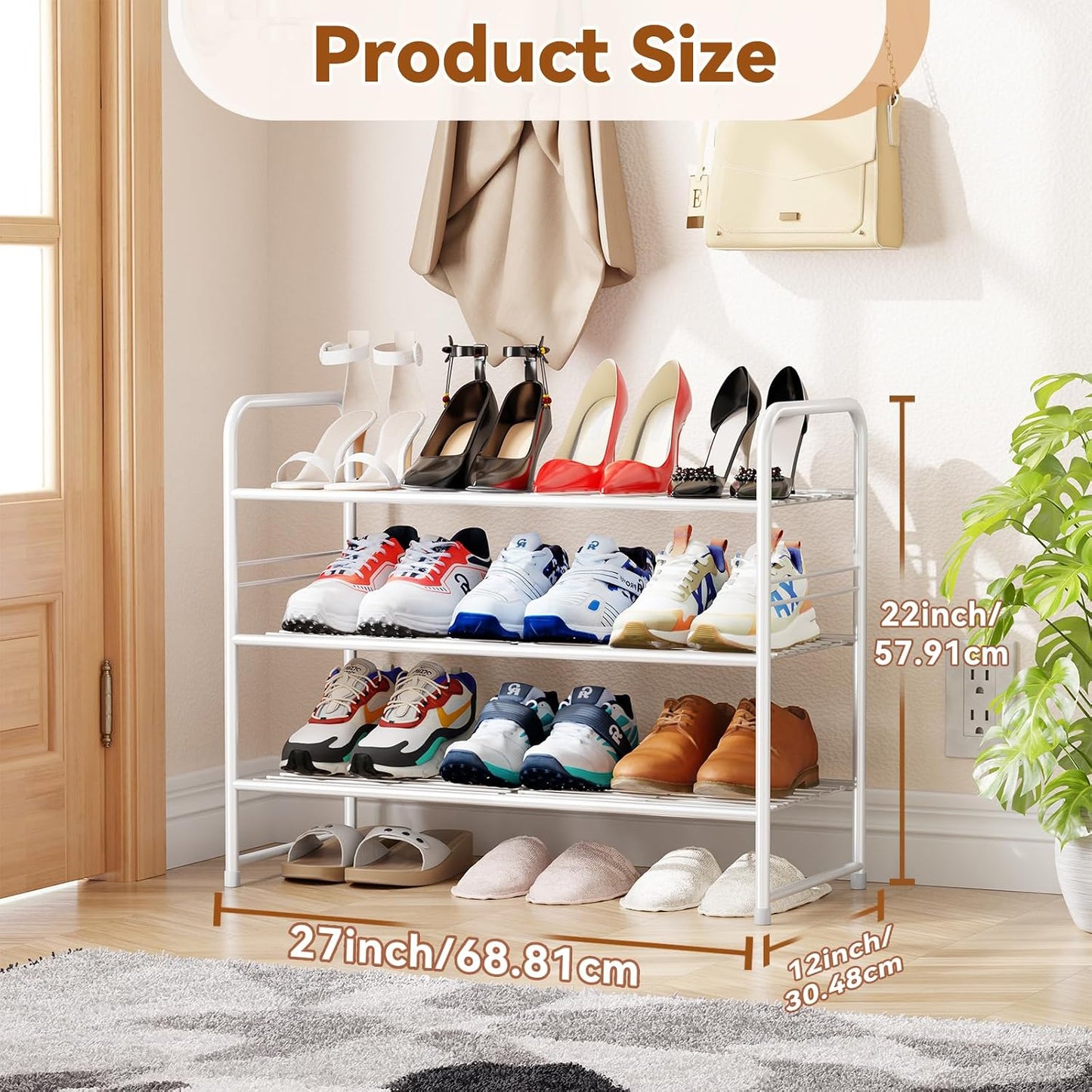 Simple Shoe Rack 2 Tier 27 Inch Wide, Heavy Duty Metal Closet Shoe Organizer Shelf for Entryway, Front Door, Black