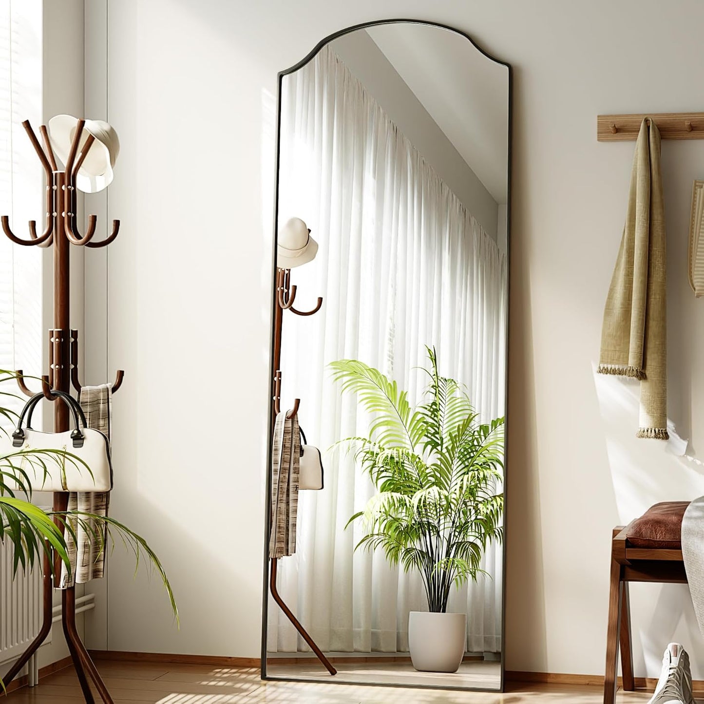VooBang Triple-Arched Mirror Full Length, 65" x 24" Floor Mirror with Stand, Matte Aluminum Alloy Frame Full Body Mirror, Standing Hanging or Leaning for Bedroom and Living Room, Black