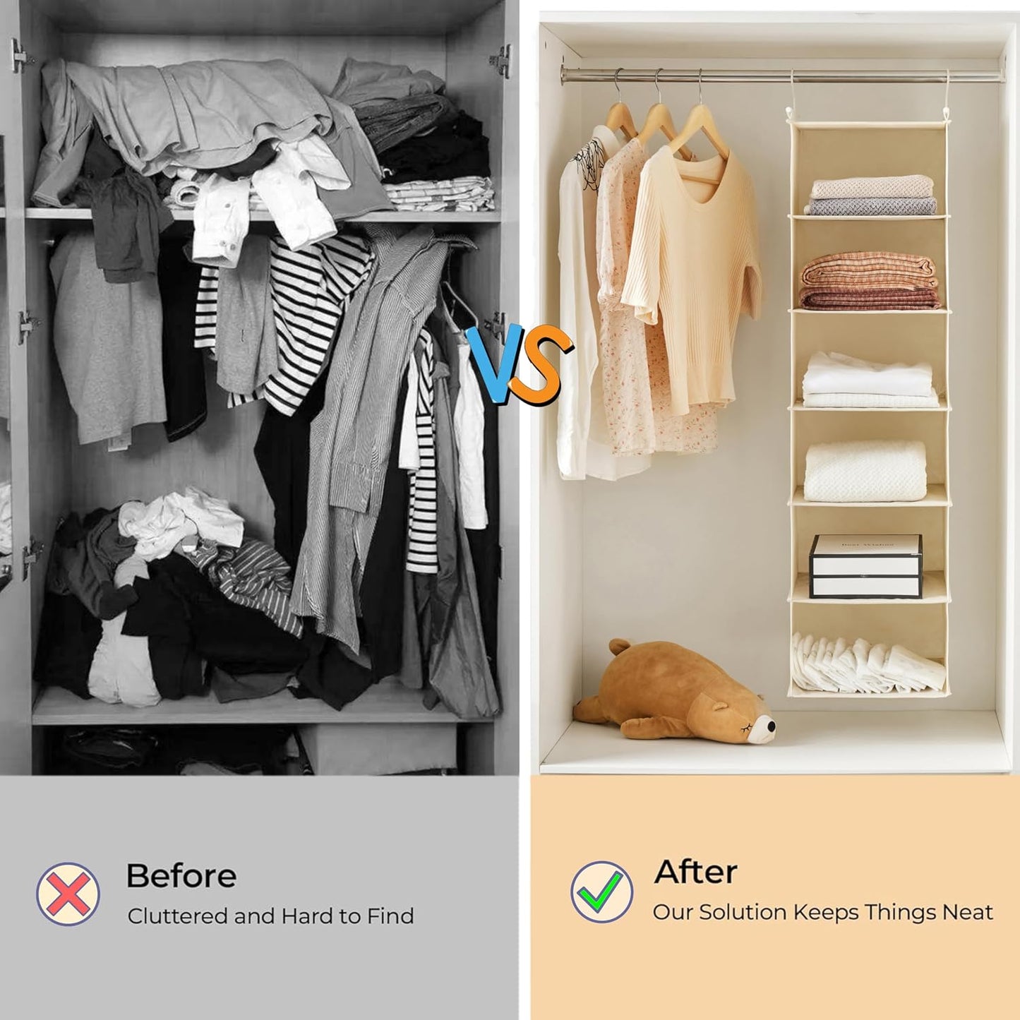 MAX Houser 6 Tier Shelf Hanging Closet Organizer, Closet Hanging Shelf with 2 Sturdy Hooks for Storage, Foldable (Grey)