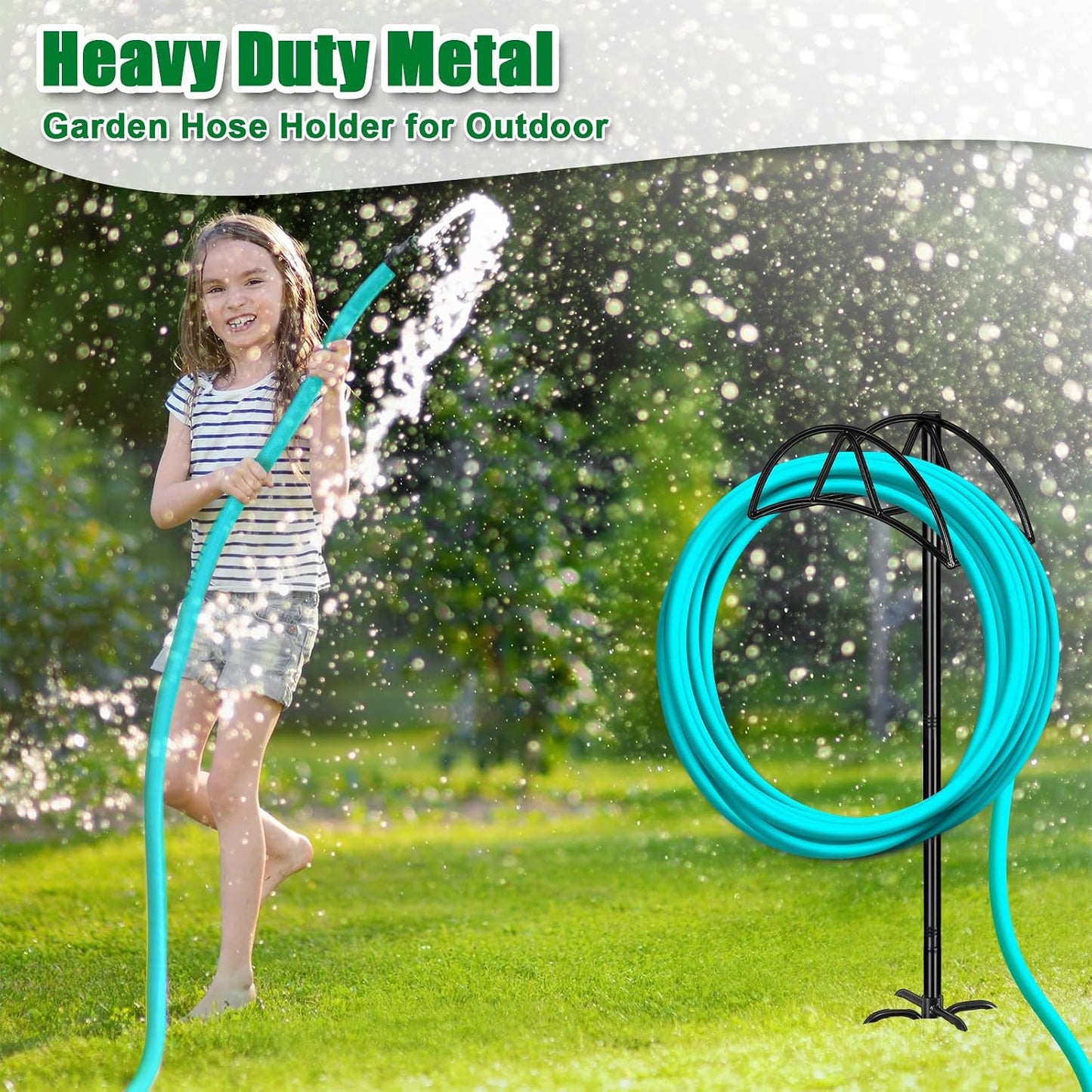 Gtongoko Garden Hose Holder for Outside 43" Heavy Duty Freestanding Water Hose Holder with 4 Stable Spikes Metal Hose Stand Holds Up to 150FT Hose & 44LB Detachable Hose Storage for Yard Lawn Patio
