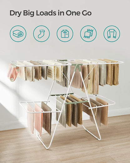 SONGMICS Clothes Drying Rack, Foldable 2-Level Laundry Drying Rack, Free-Standing Laundry Airer, with Height-Adjustable Wings, 33 Drying Rails, Sock Clips, Silver and Blue ULLR53BUV1