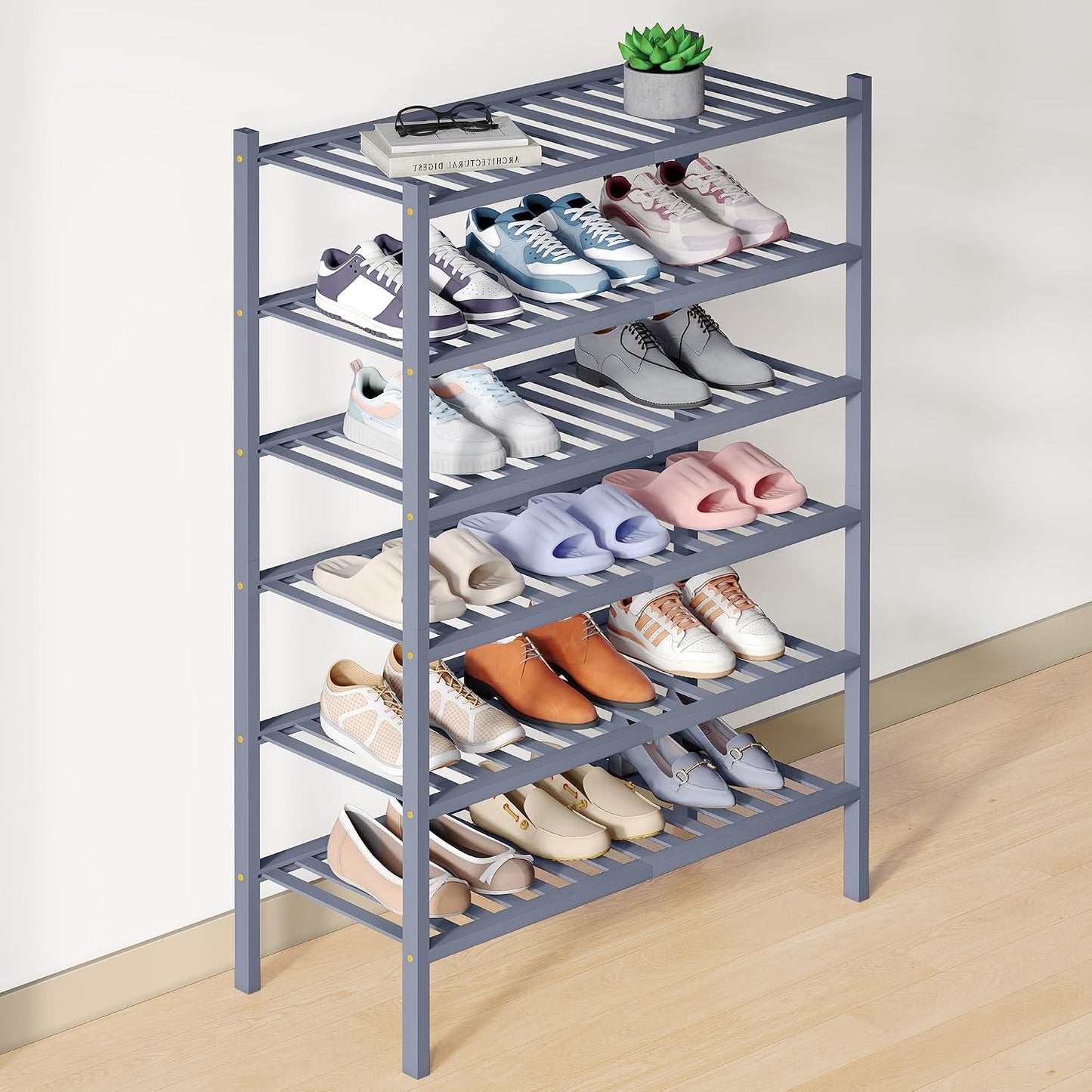 Smiry Bamboo Shoe Rack for Closet, 3 Tier Wooden Shoe Organizer, Stackable Wood Shoe Storage Shelf for Entryway, 14 Vertical Slats, One-piece Heavy-Duty Legs, 26.77"x11.02"x18.31", Natural