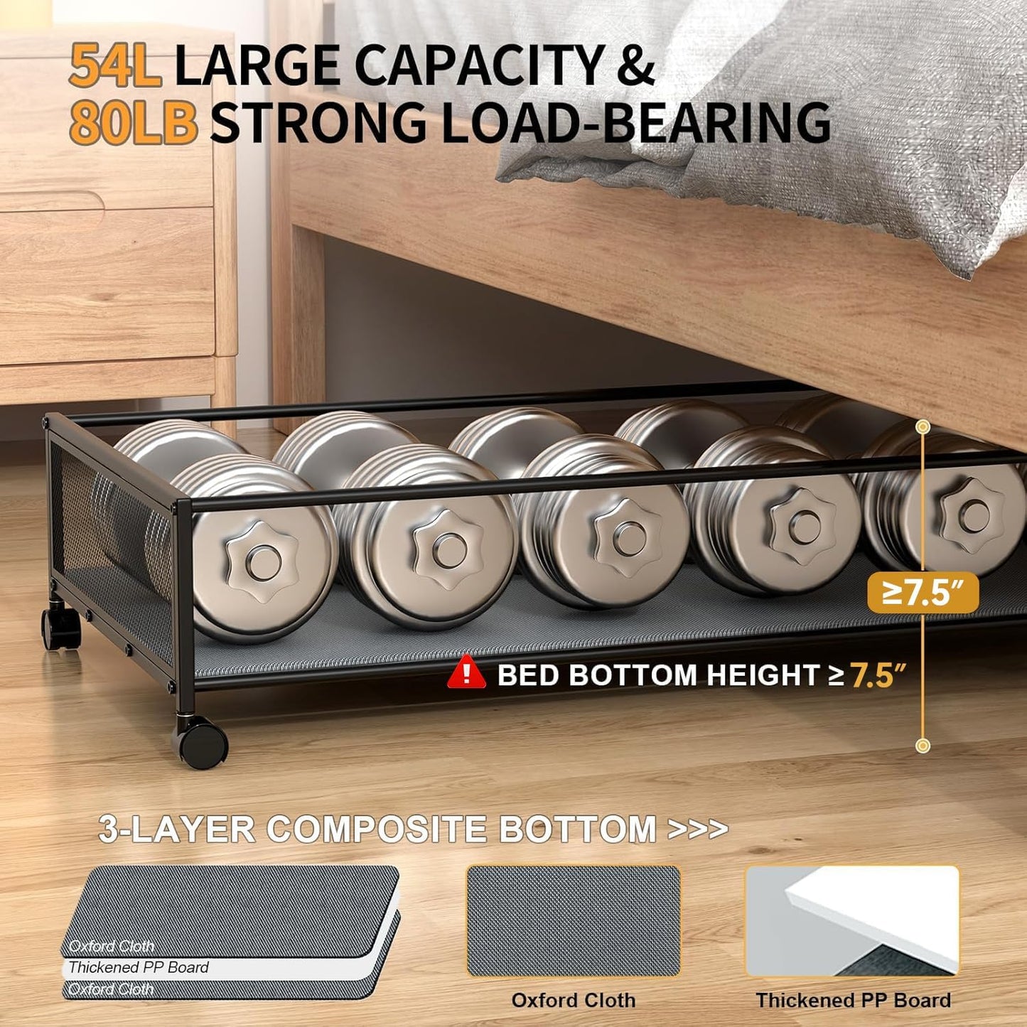Under Bed Storage Containers with Wheels Large Underbed Shoes Blankets Clothes Toy Storage Drawers for College Dorms Bedrooms Nursery Rooms Organization (Black 2 Pack, 7.5in height(36"x16.6"x7.48"))