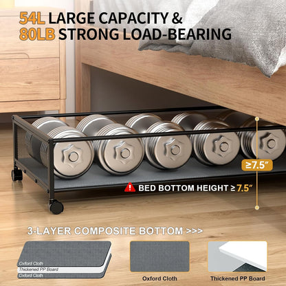 Under Bed Storage Containers with Wheels Large Underbed Shoes Blankets Clothes Toy Storage Drawers for College Dorms Bedrooms Nursery Rooms Organization (Black 2 Pack, 7.5in height(36"x16.6"x7.48"))