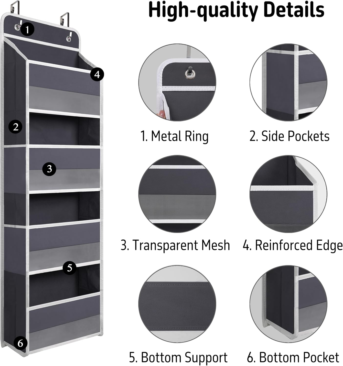 TYMENSH Black Over Door Organizer with 4 Large Clear Pockets, Compact Black Hanging Door Storage for Closet, Bathroom, Bedroom, Dorm, Nursery, Toys, Cosmetics, Baby Essentials