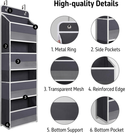 TYMENSH Black Over Door Organizer with 4 Large Clear Pockets, Compact Black Hanging Door Storage for Closet, Bathroom, Bedroom, Dorm, Nursery, Toys, Cosmetics, Baby Essentials