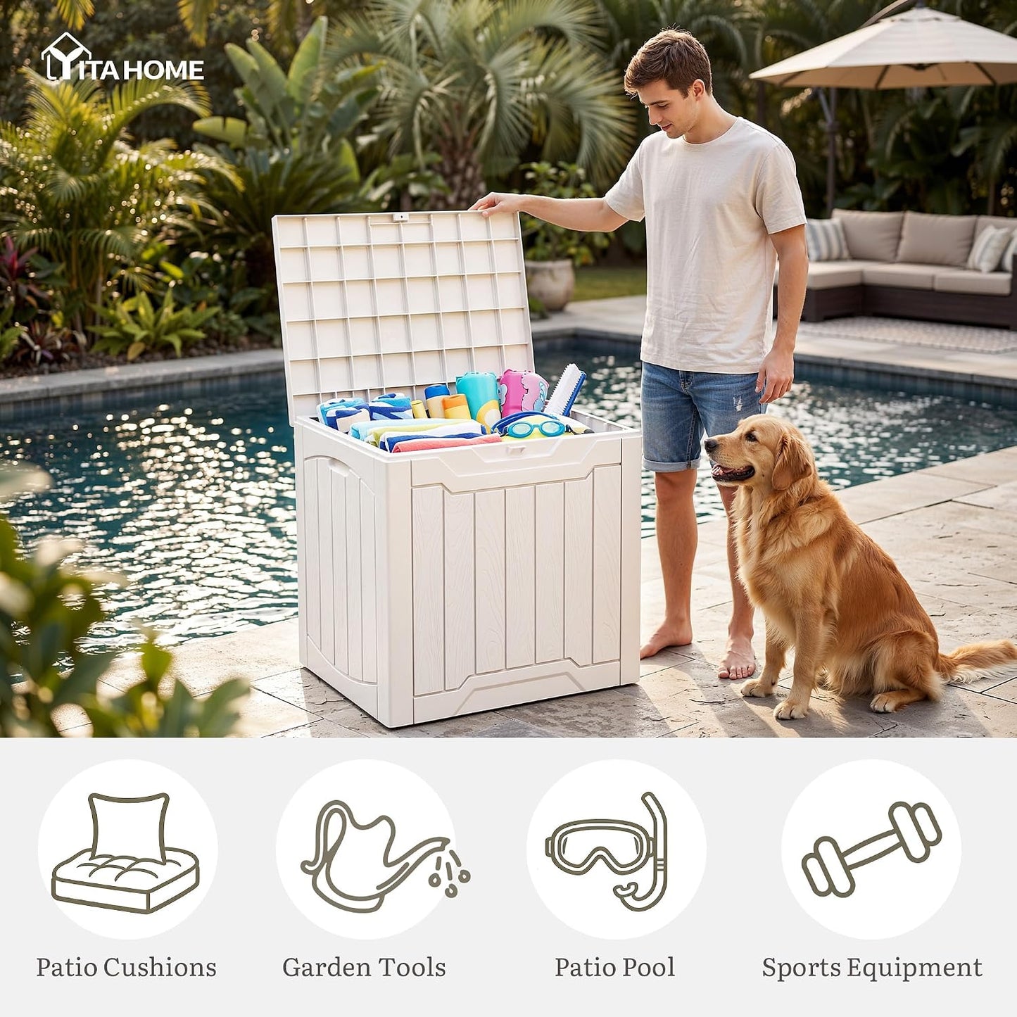 YITAHOME 134 Gallon Large Deck Box | Waterproof Resin Outdoor Storage Box with Lock, Doubles as 2-Person Bench Seating for Patio Furniture Cushions,Garden Tools &