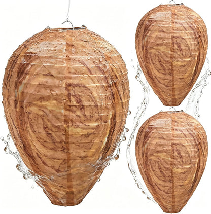 Fake Wasp Nest 4 Pack, Upgraded Waterproof Wasp Nest Decoy for Outdoor Hanging with Stainless Steel Frame, Realistic Artificial Hornet Nests for Patio, Porch, Eaves, Garden, House, Yellow