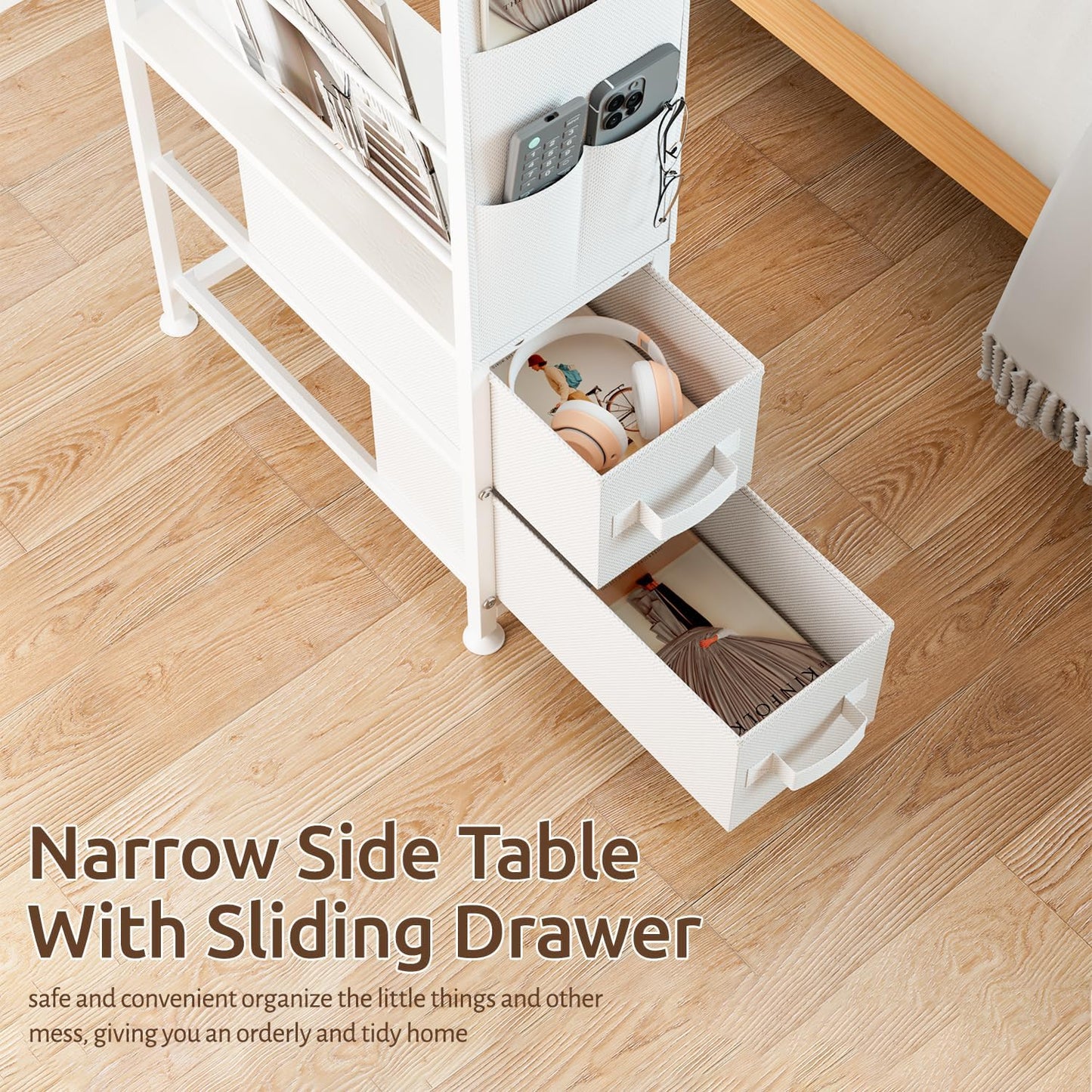 Oppro Small Narrow Side End Table, 2 Drawer Slim Nightstand Bedside Sofa Table with Wheels, Space Saving Rolling Skinny Thin Desk with Storage Bag for Bedroom Living Room Couch Bathroom Dorm