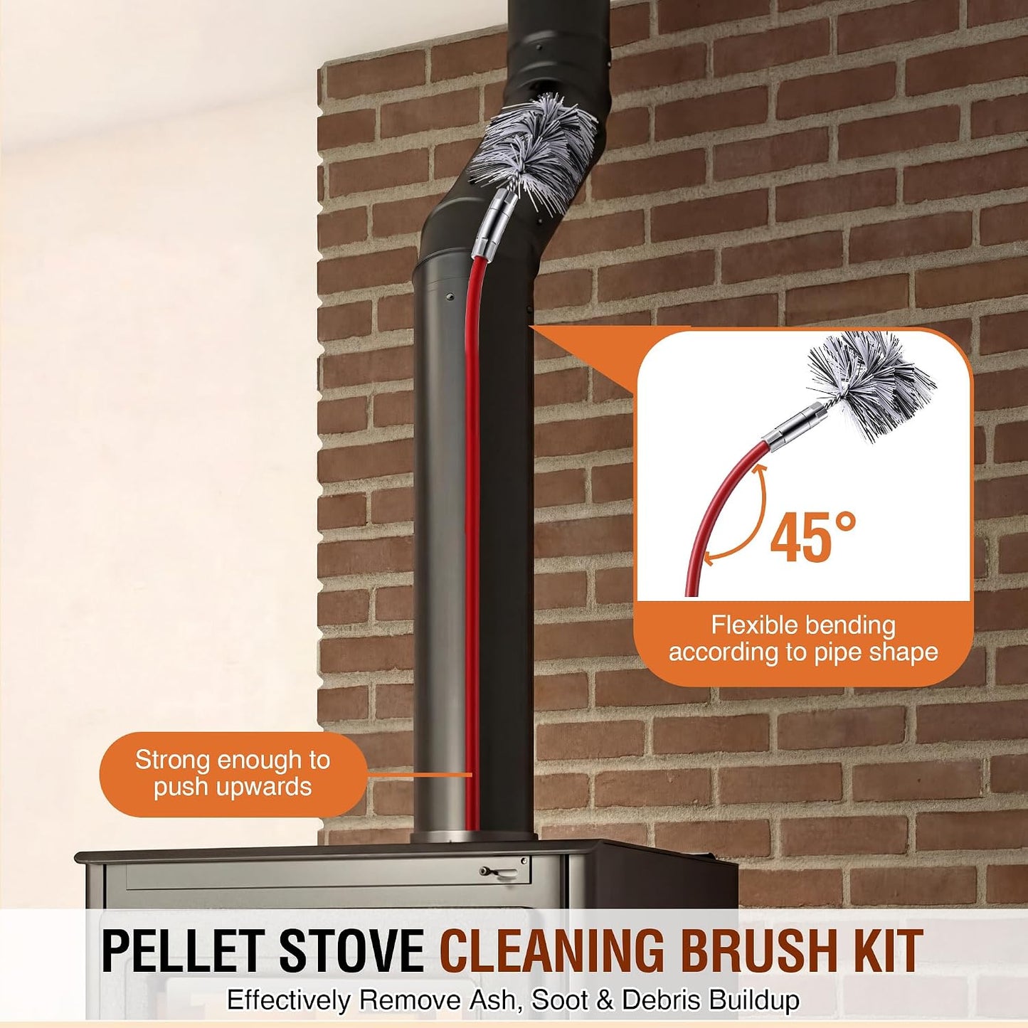Feekoon Pellet Stove Cleaning Kit, 10 FT Flexible Steel Rod with 3" Brush Head, Flue Detail Cleaner, Pellet Stove Accessories for Vent Pipes Cleaning - Reduce Buildup & Improve Airflow