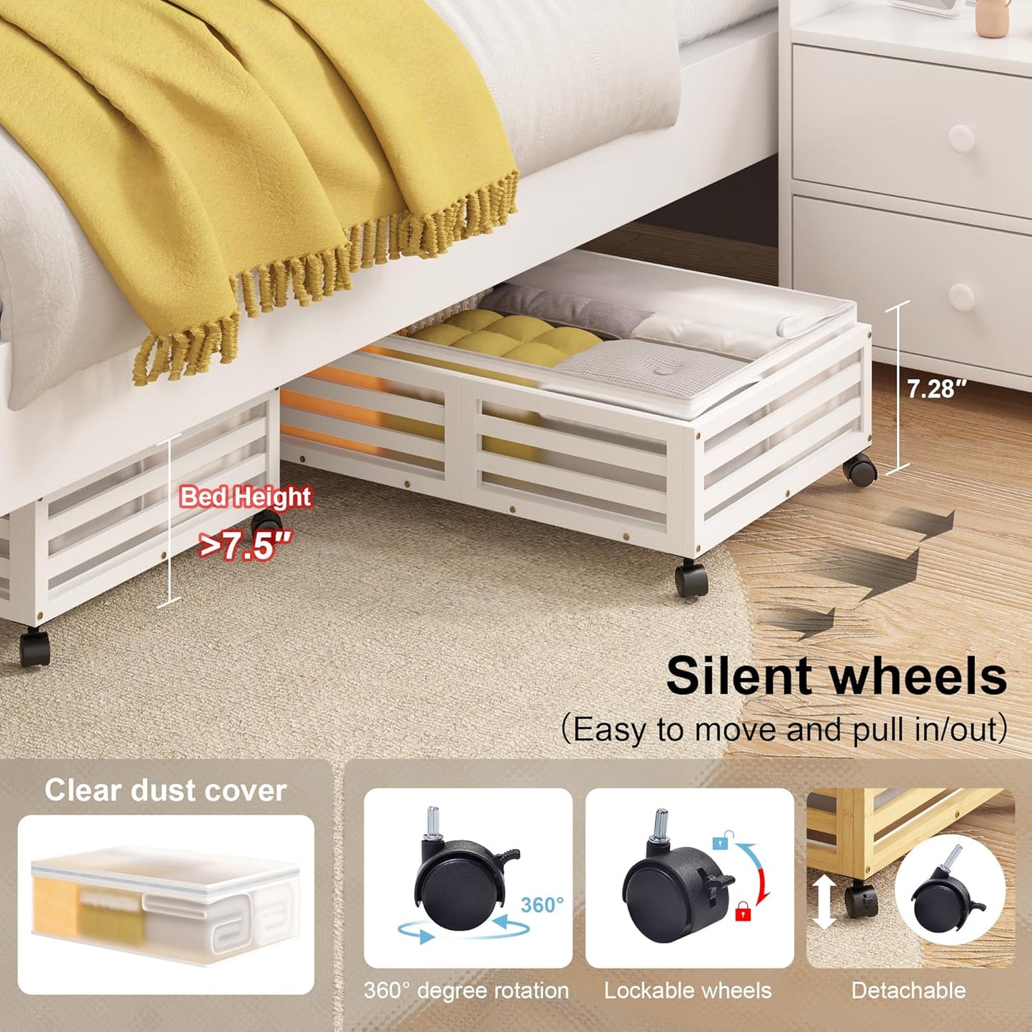 Under Bed Storage Containers With Wheels - 2 Pcs Bamboo Wood Rolling Underbed Shoe Storage Bins With Dust Bags for Clothes Blankets, Duvet Covers Snacks Toys (Natural)