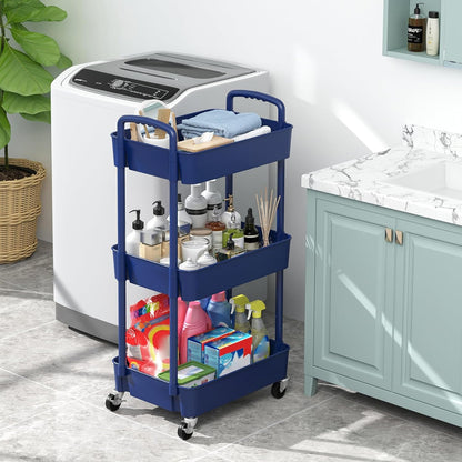 Sywhitta 4-Tier Plastic Rolling Utility Cart with Handle, Multi-Functional Storage Trolley for Office, Living Room, Kitchen, Movable Storage Organizer with Wheels, Black