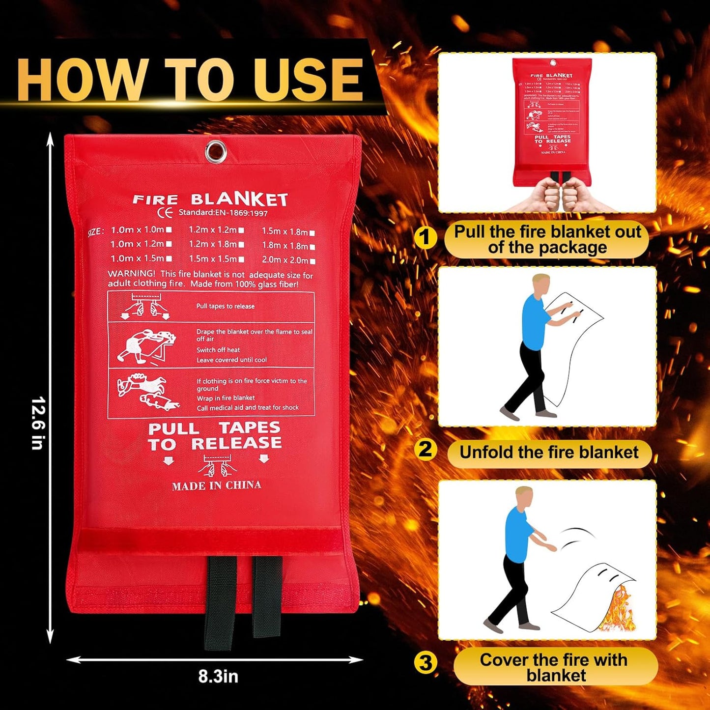 Copkim 4 Pack Fire Blankets for Home and Kitchen 47''x47'' Emergency Fire Blanket for Fiberglass Fire Suppression Blanket with Hook Gloves Whistles Fire Safety Blanket for Car Camping Grill Office BBQ
