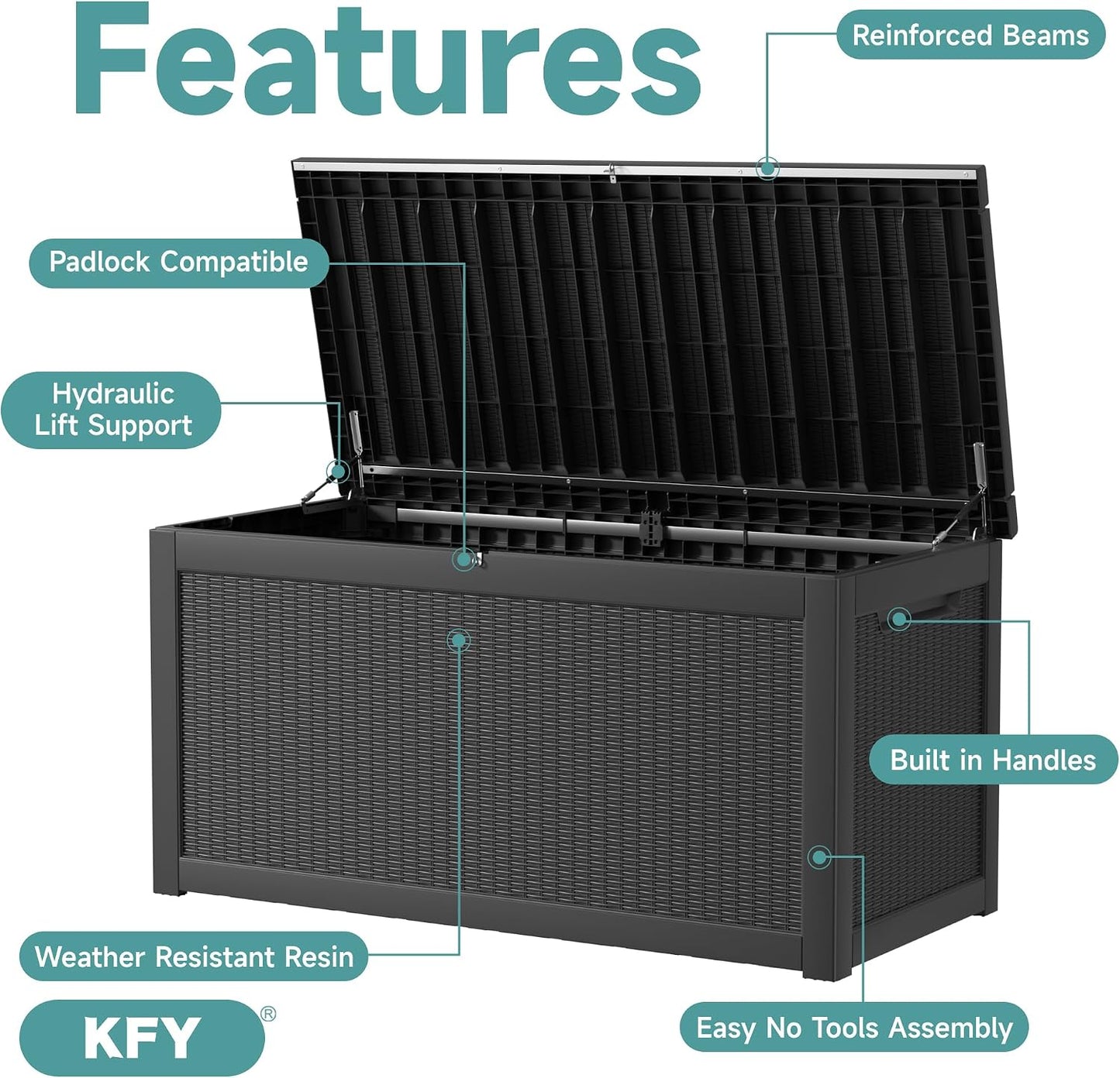 320 Gallon Waterproof Outdoor Storage Box, UV Resistant Resin Deck Box with Hydraulic Rod for Reinforced Stability, Perfect for Patio, Garden, and Pool（Black，320 Gallon）