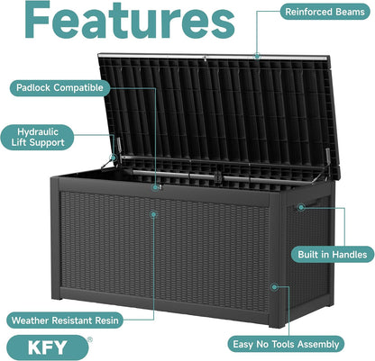 320 Gallon Waterproof Outdoor Storage Box, UV Resistant Resin Deck Box with Hydraulic Rod for Reinforced Stability, Perfect for Patio, Garden, and Pool（Black，320 Gallon）