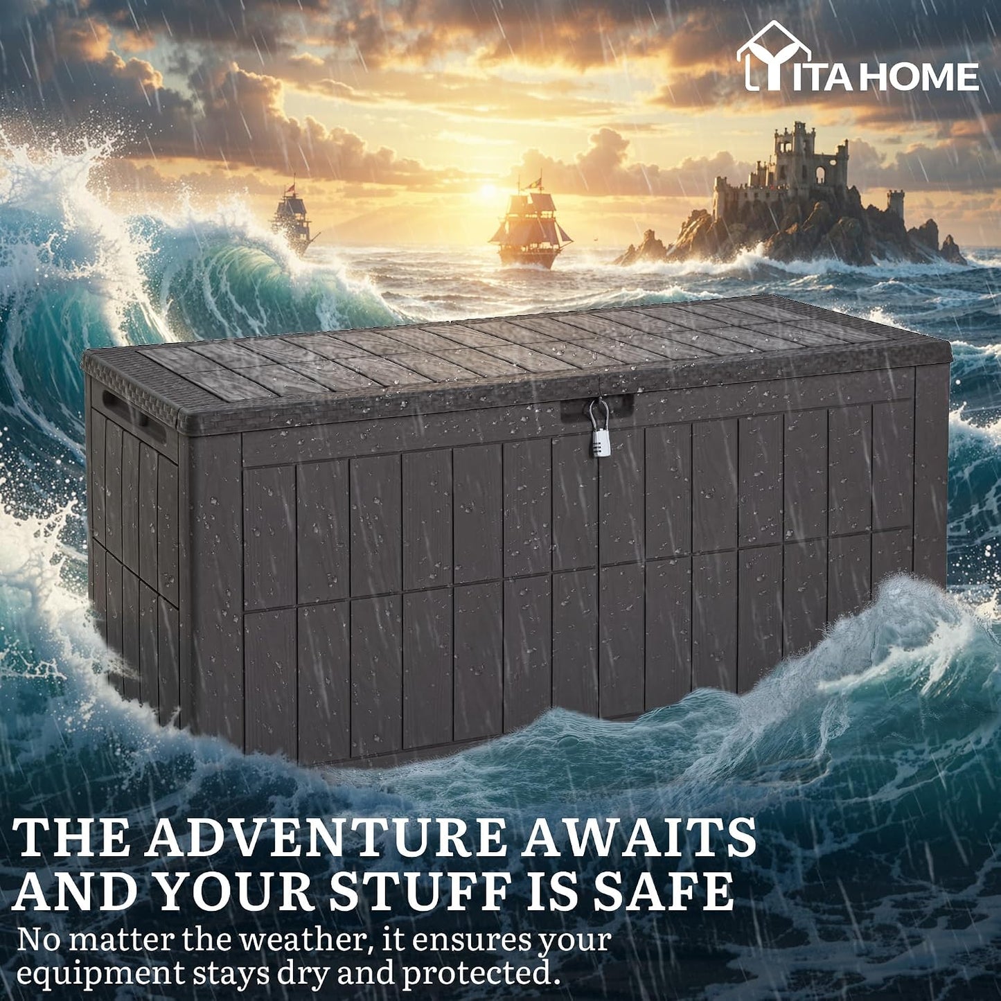 YITAHOME 134 Gallon Large Deck Box | Waterproof Resin Outdoor Storage Box with Lock, Doubles as 2-Person Bench Seating for Patio Furniture Cushions,Garden Tools &