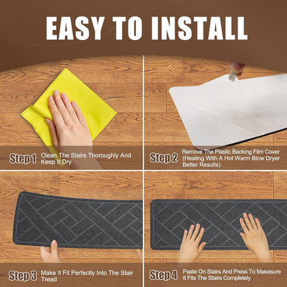 15 Pack 8 "X 30" Non-Slip Carpet Stair Treads for Indoor Wooden Steps, Made of Polyester and Reusable Adhesive, Suitable for Kids Elders and Pets（Black Lines）