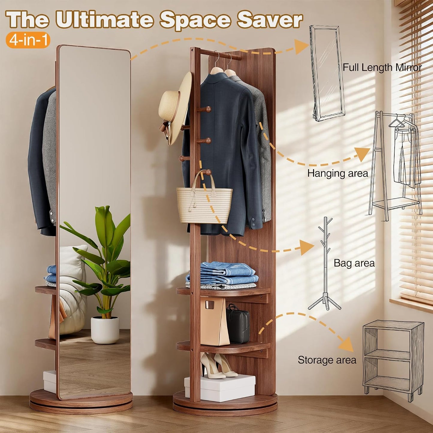 Full Length Mirror with Coat Rack & Storage, 360° Rotating Solid Wood Standing Floor Mirror with Shelves for Bedroom, Entryway, Dressing Room (Natural Wood, 66" x 18")