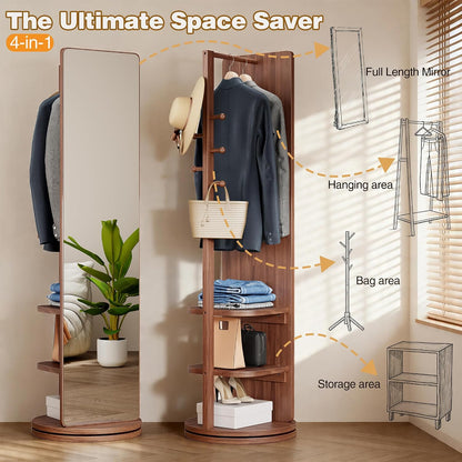 Full Length Mirror with Coat Rack & Storage, 360° Rotating Solid Wood Standing Floor Mirror with Shelves for Bedroom, Entryway, Dressing Room (Natural Wood, 66" x 18")