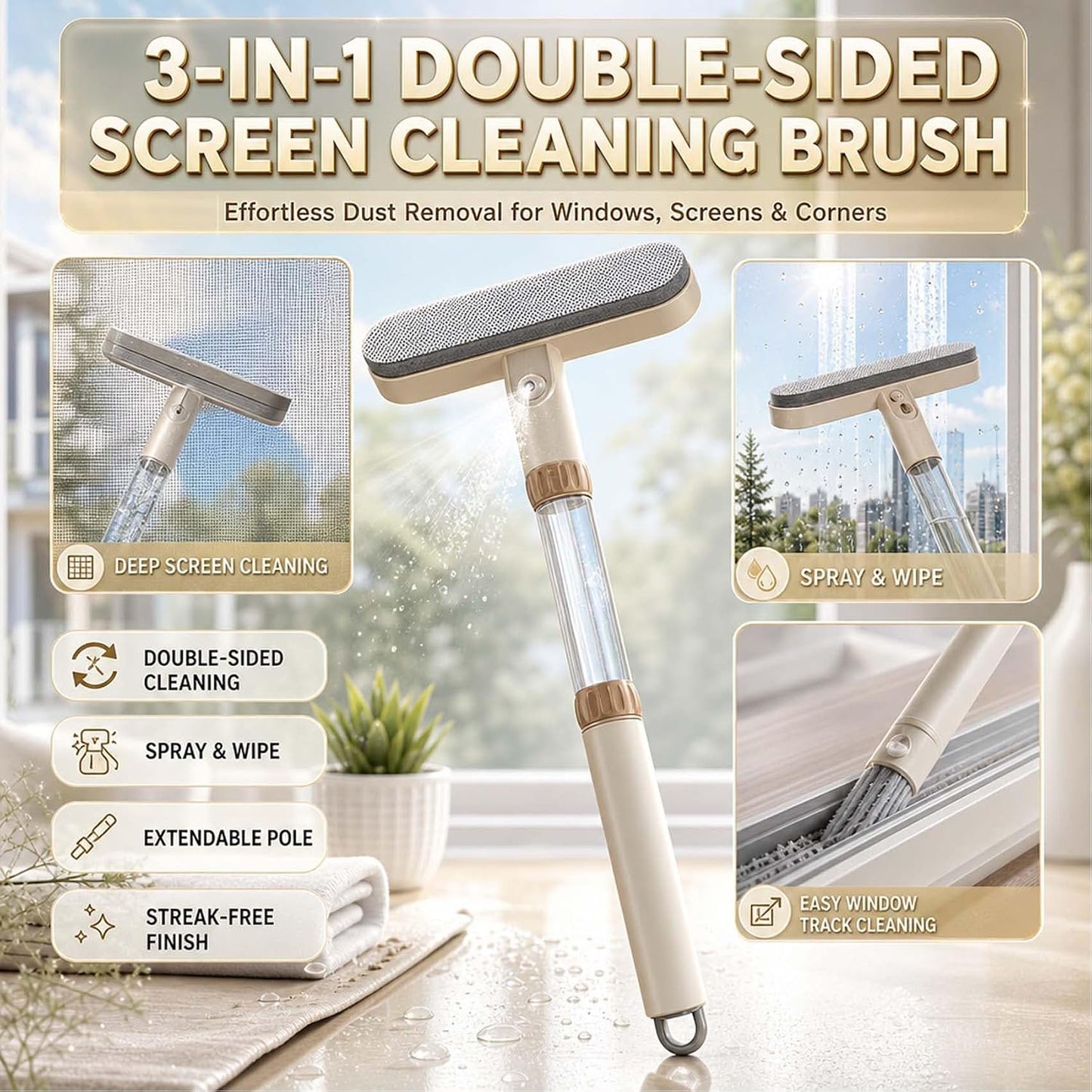 3-in-1 Double-Sided Window Screen Cleaning Brush - Sided Window Glass Cleaner,Built-in Crevice Brush, Multifunctional for Home, Office & Car Screens