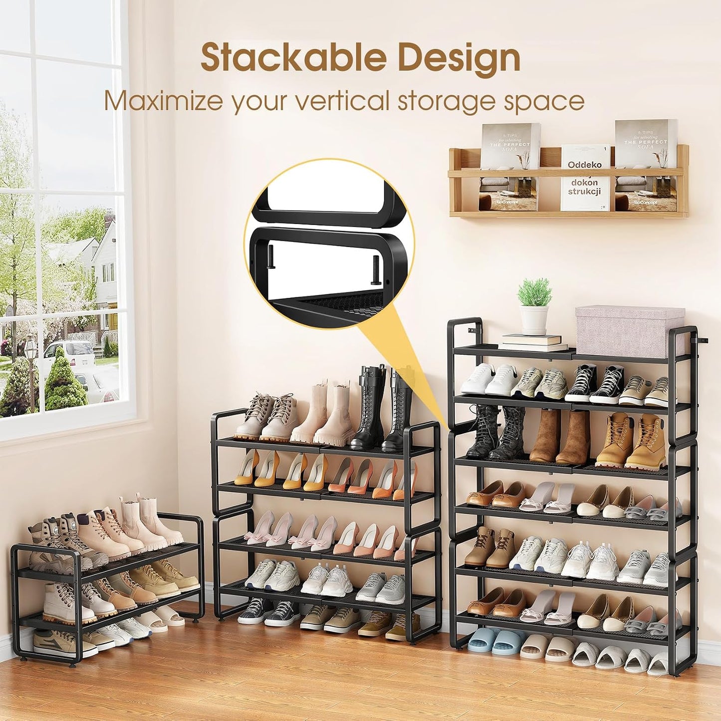 SAYZH Expandable Shoe Rack for Closet, Adjustable Metal Shoe Organizer with Sturdy Mesh Shelves for Boots & Heels, Stackable Shoe Storage for Entryway, Garage, Small Spaces (Black, 2-Tier)