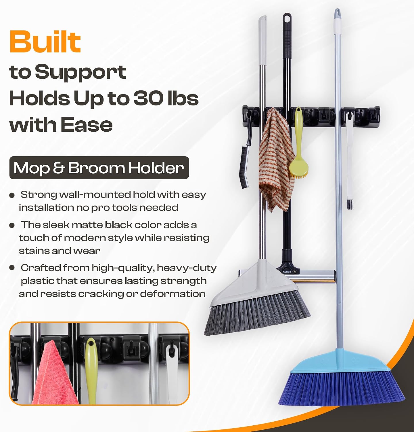 Heavy-Duty Stainless-Steel Broom Holder Wall Mount with 3 Racks and 4 Hooks | Waterproof Mop and Broom Hanger | Adjustable, Garage & Garden Tool Organizer | Black