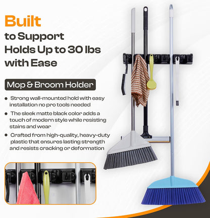 Heavy-Duty Stainless-Steel Broom Holder Wall Mount with 3 Racks and 4 Hooks | Waterproof Mop and Broom Hanger | Adjustable, Garage & Garden Tool Organizer | Black