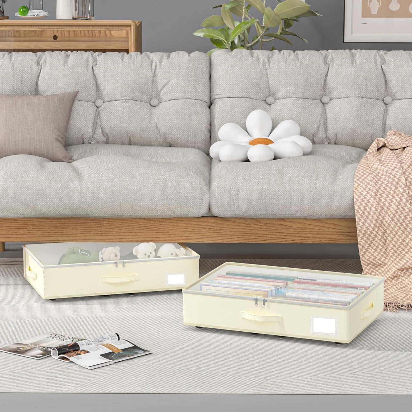 EE-RoomWorld Under Bed Storage with Wheels, No Assemble Required 5.5 inches height grey under bed storage bins,Low Profile Rolling Underbed Shoe Storage containers，dorm underbed storage drawers