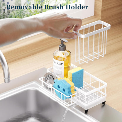 Consumest Sponge Holder for Kitchen Sink - Auto Draining Sink Caddy Organizer with Detachable Rack, High Brush Holder, Kitchen Countertop Storage Accessories, Black
