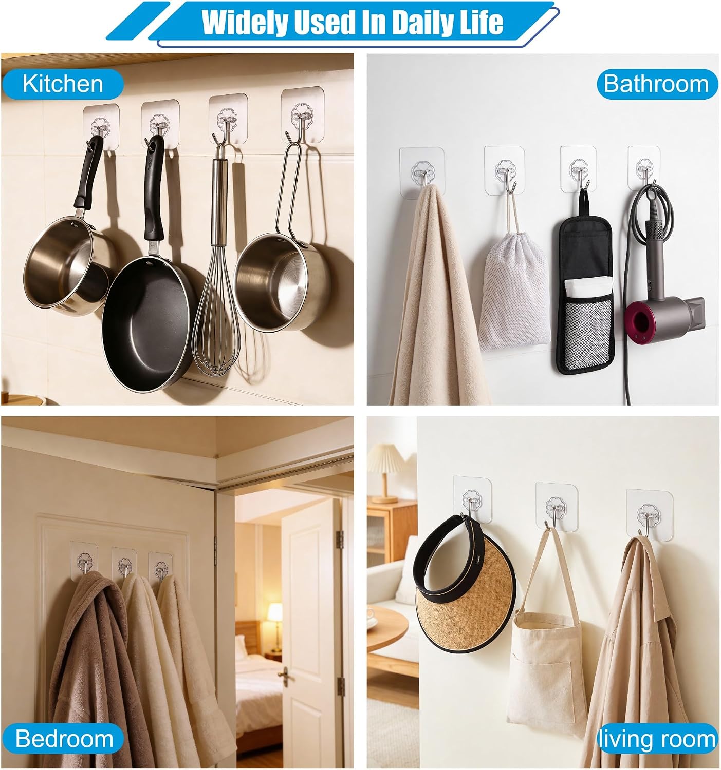 10 Pack Heavy Duty Self Adhesive Wall Hooks, Holds 33lb Max - Transparent Waterproof & Oilproof Hooks for Bathroom, Kitchen, No Drilling Strong Adhesive Holds Towels, Robes, Coats, Utensils