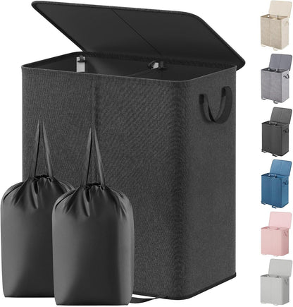 Lifewit Double Laundry Hamper with Lid and Removable Laundry Bags, Large Collapsible 2 Dividers Dirty Clothes Basket with Handles for Bedroom Laundry Room Closet Bathroom College, 136L Beige