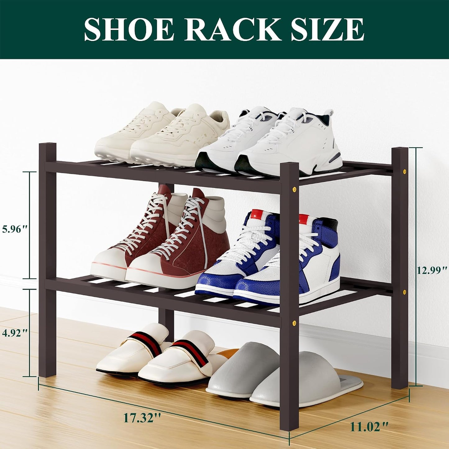 Smiry Bamboo Shoe Rack, 3 Tier Free Standing Wooden Shoe Organizer, Stackable Wood Shoe Storage Shelf for Closet, Entryway, 12 Vertical Slats, 2+1 Stack Standard Legs, 26.8"x11"x19.5", Natural