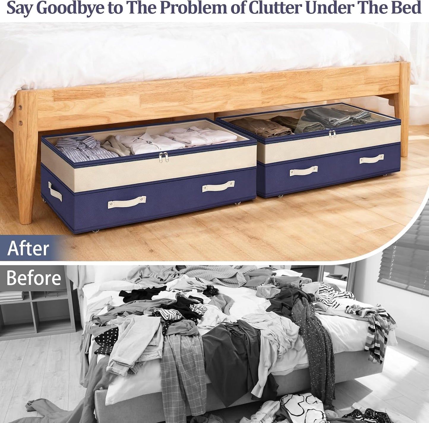 Dolicer 2 Pack Under Bed Storage with Wheels, 6in-10in Height Adjustable Underbed Storage Containers, 92L XXXL Under Bed Drawers Rolling Bin with Clear Lids for Dorm Shoes Clothes Organizers(Grey)