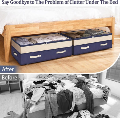 Dolicer 2 Pack Under Bed Storage with Wheels, 6in-10in Height Adjustable Underbed Storage Containers, 92L XXXL Under Bed Drawers Rolling Bin with Clear Lids for Dorm Shoes Clothes Organizers(Grey)