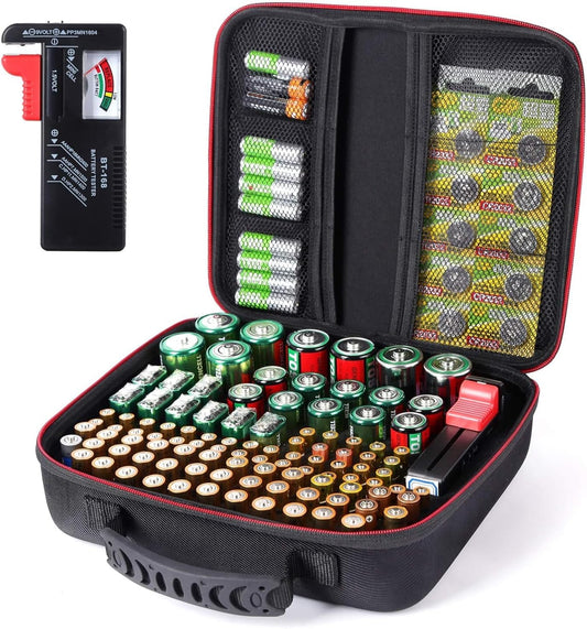 Battery Organizer Storage Case Box with Tester BT168 -for All Types Batteries Container, Fireproof & Waterproof Battery Keeper Caddy for Home Drawer, Small Cases Holder for AA AAA C D 9V (Holds 104＋)