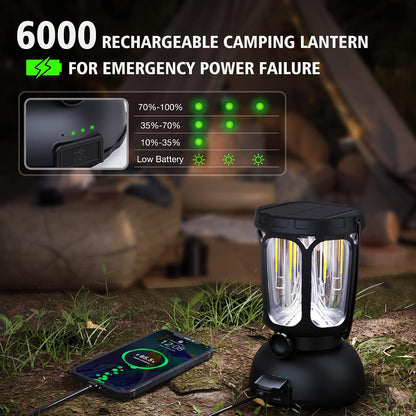 Raynic 6000 LED Camping Lantern, 650LM Hand Crank Solar Battery Powered Rechargeable Lantern, Emergency Lights for Home Power Failure, Hurricane, USB Cable Included
