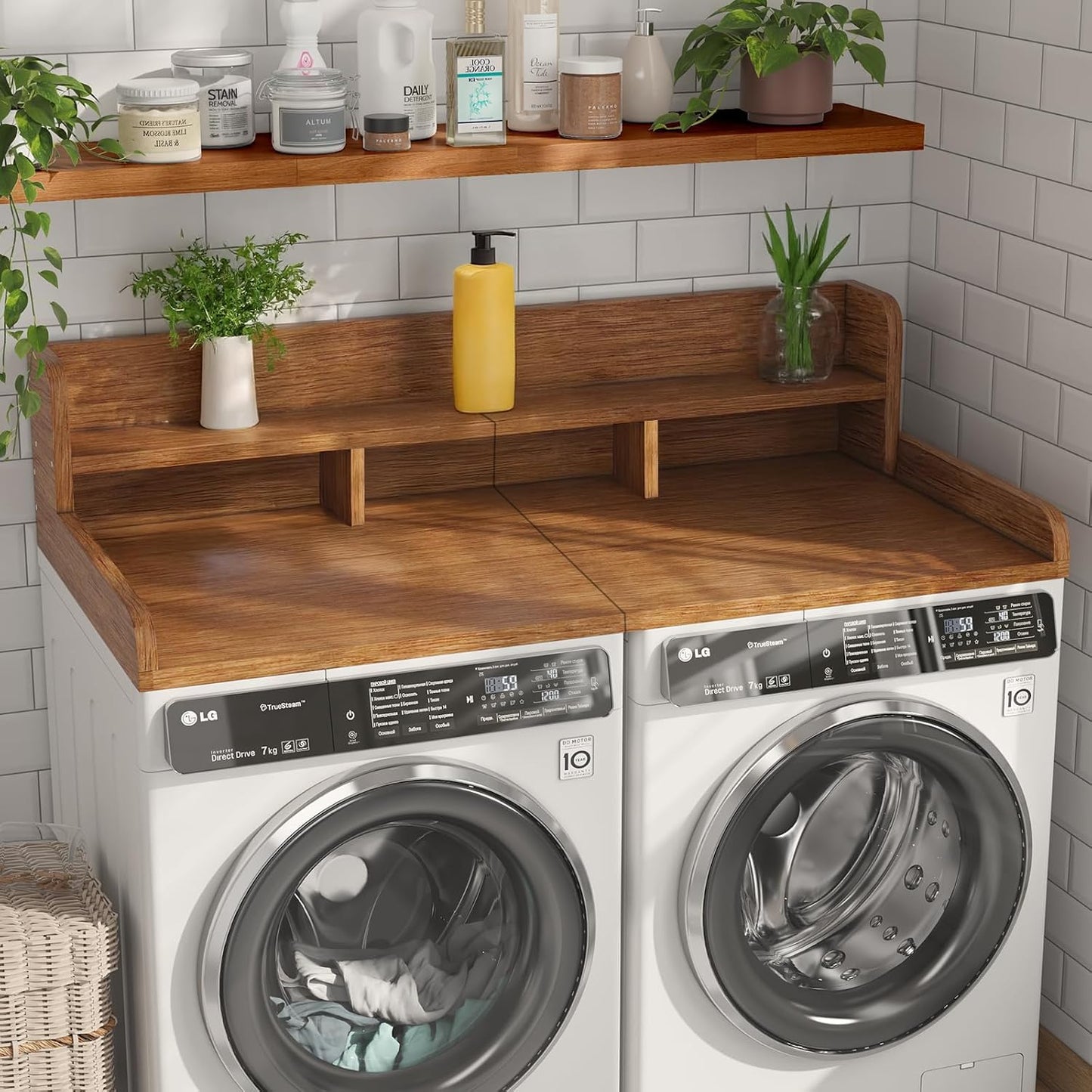 54" X 27.5" Washer and Dryer Countertop, Adjustable Laundry Countertop with Shelf, Extra Dividers, Folding Clothes Station, Over Machine Storage for Detergents & Essentials (Natural)