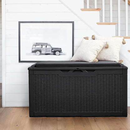 Flamaker Resin Deck Box 120 Gallon Waterproof Large Outdoor Indoor Storage Box Imitation Wood Resin for Patio Furniture Garden Tools and Pool (Black)