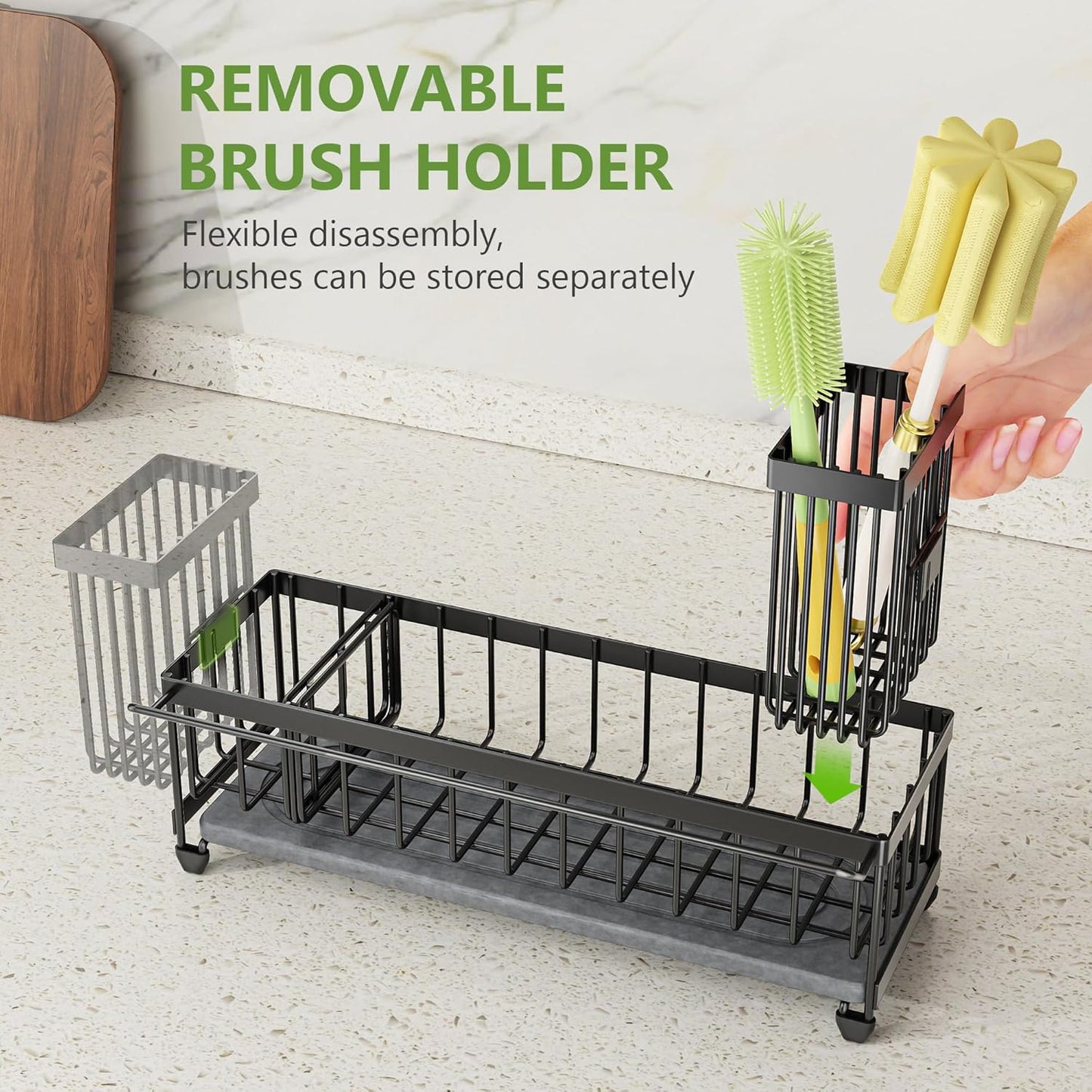 Cisily Extra Large Sink Caddy Organizer with Drying Stone, Black Sponge Holder for Kitchen, Dish Brush Holder for Countertop, Kitchen Decor Storage and Essentials