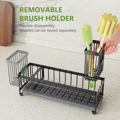 Cisily Extra Large Sink Caddy Organizer with Drying Stone, Black Sponge Holder for Kitchen, Dish Brush Holder for Countertop, Kitchen Decor Storage and Essentials