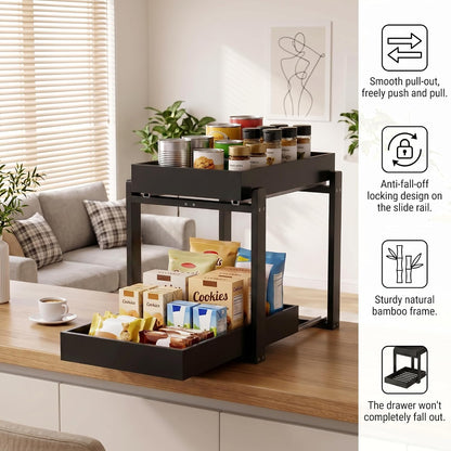 Bamboo Under Sink Organizer and Storage, 2 Pack Pull Out Cabinet Organization, 2 Tier Vertical Slide Out Undersink Storage Shelf, Multi-Purpose Organizer Shelves for Kitchen Bathroom Medicine